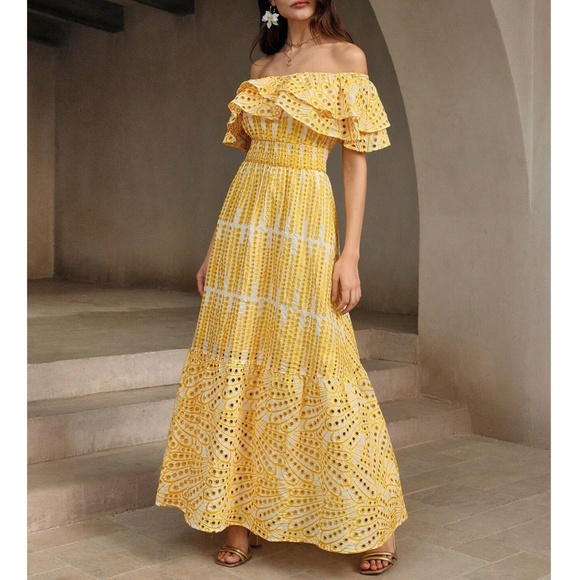 Boho Yellow Off Shoulder Eyelet Stretchy Waist Maxi Dress - Picture 1 of 5